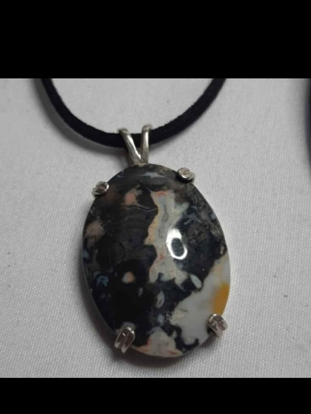 Sterling Silver Black and White Jasper Oval Pendant Necklace